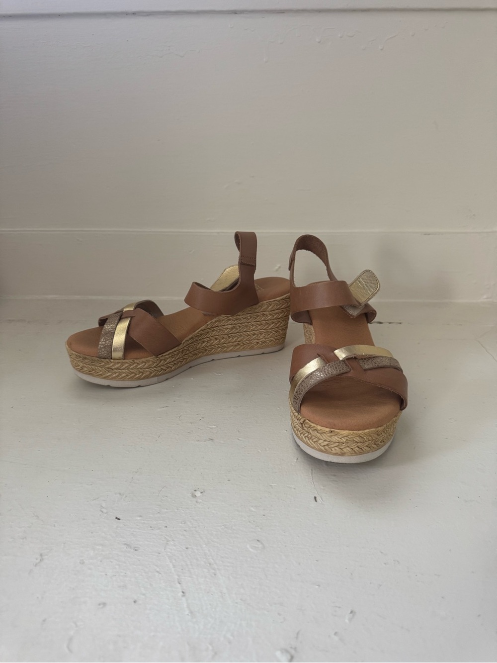 Brown and Gold Espadrille Wedge Sandals - Comfortable Summer Style | gently worn